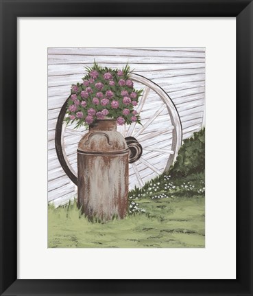 Framed Rusted Milk Can with Wagon Wheel Print