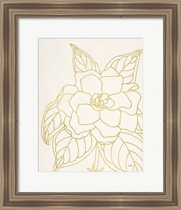 Framed Gold Gardenia Line Drawing Crop Print