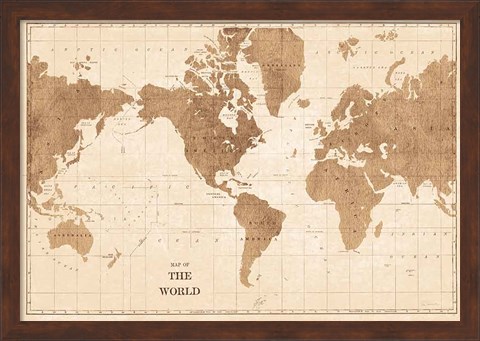 Framed World Map Sepia No Words Print