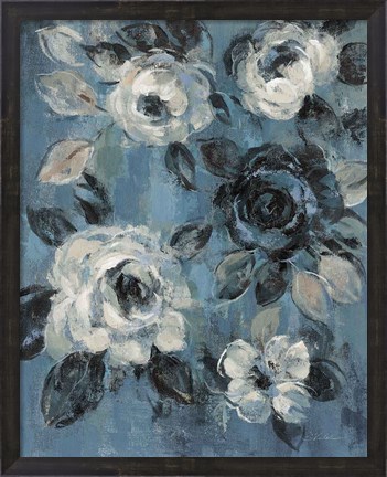 Framed Loose Flowers on Dusty Blue II Print