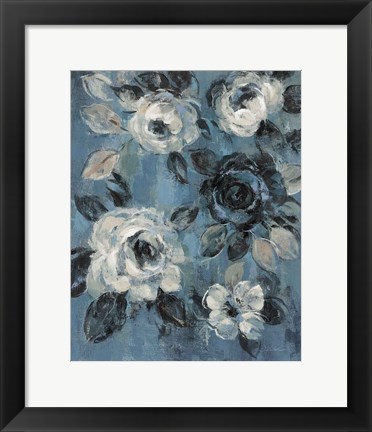 Framed Loose Flowers on Dusty Blue II Print