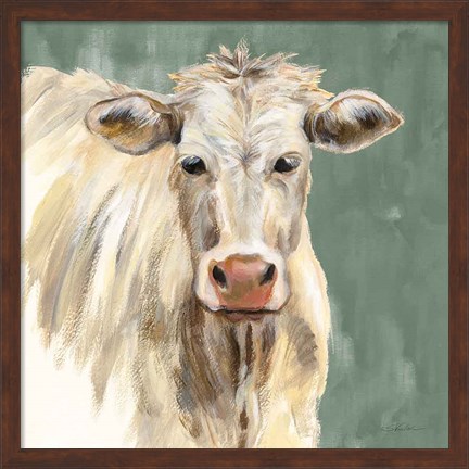 Framed White Cow on Sage Print