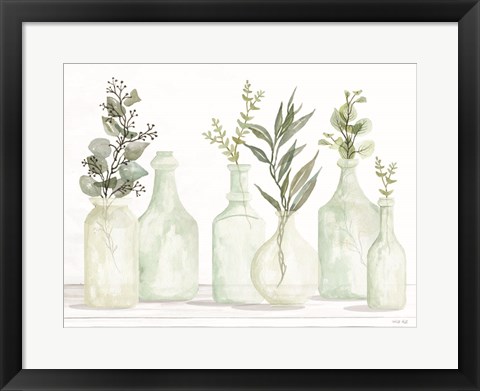 Framed Bottles and Greenery I Print