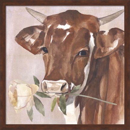 Framed Peony Cow I Print