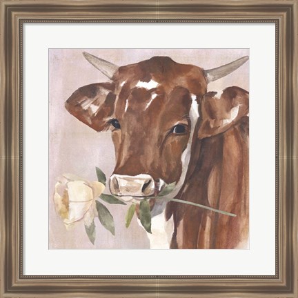 Framed Peony Cow I Print