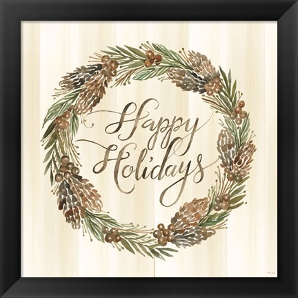 Framed Sage Happy Holidays Wreath Print