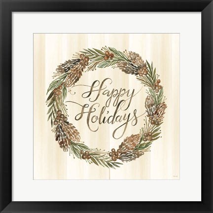 Framed Sage Happy Holidays Wreath Print