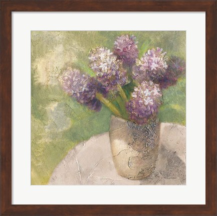 Framed Purple Hyacinths in Vase Green Print