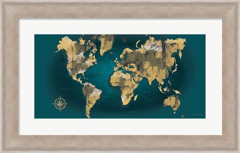 Framed Sketched World Map Blue Crop Print