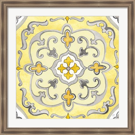 Framed Jewel Medallion yellow gray II Print