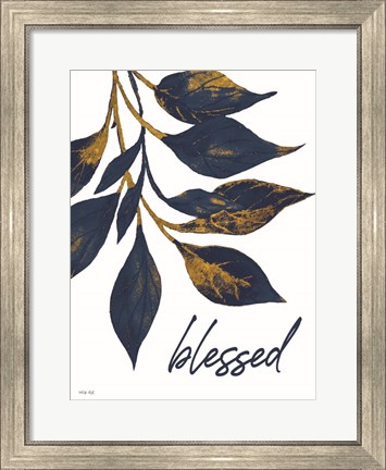 Framed Blessed Navy Gold Leaves Print