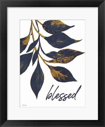 Framed Blessed Navy Gold Leaves Print