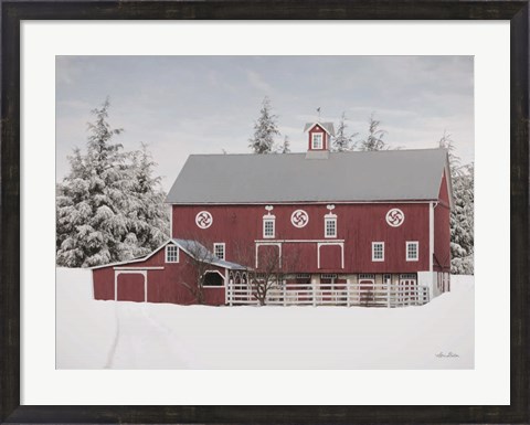 Framed Red Barn in the Pines Print