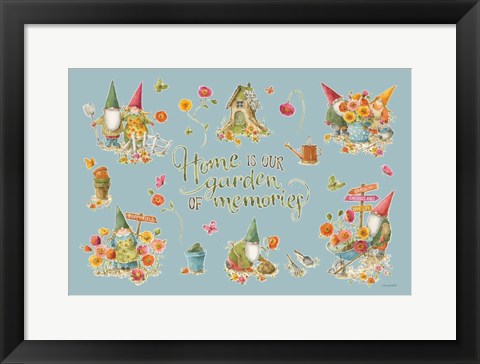 Framed Garden Gnomes I on blue Print