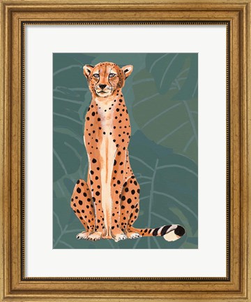 Framed Cheetah Retro On Leaf Pattern Print