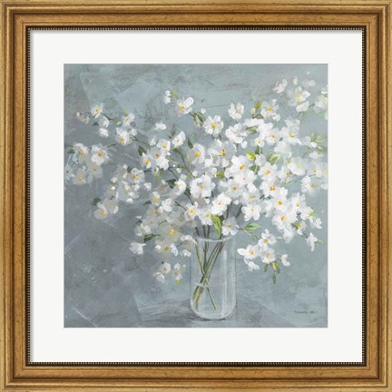 Framed Fresh White Bouquet Gray Crop Print