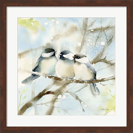 Framed Three Chickadees in Spring Sq Print