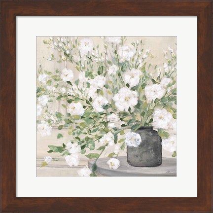 Framed White Bouquet Gray Vase Print