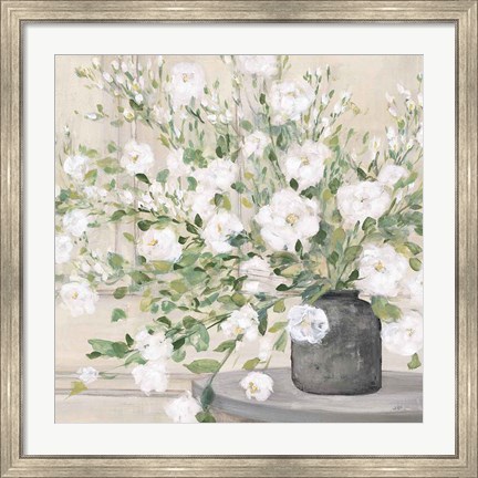 Framed White Bouquet Gray Vase Print