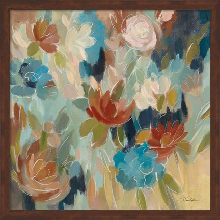 Framed Blue and Sienna Floral Print