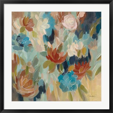 Framed Blue and Sienna Floral Print