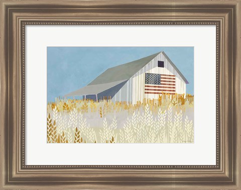 Framed Wheat Fields Barn with Flag Print