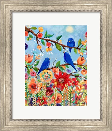 Framed Bluebird Sand Blossoms Print