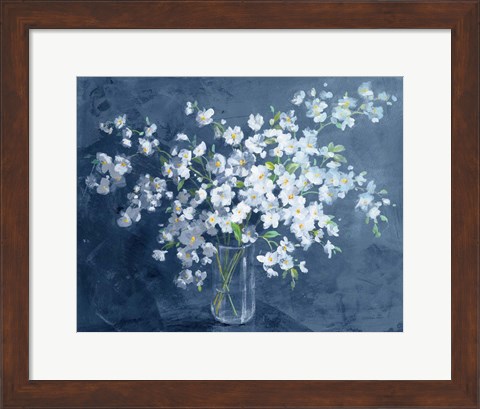 Framed Fresh White Bouquet Dark Blue Print