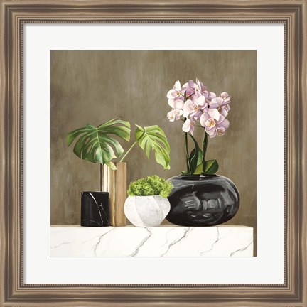 Framed Floral Setting on White Marble II Print