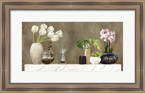 Framed Floral Setting on White Marble Print