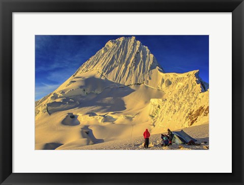 Framed Mountaineers Camping on Alpamayo Mountain at Sunrise, Peru Print