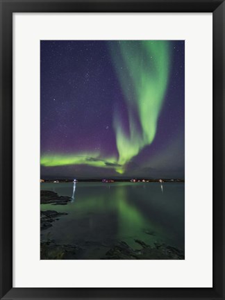 Framed Curtain of Aurora Sweeps Over the Houseboats Moored On Yellowknife Bay Print