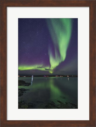 Framed Curtain of Aurora Sweeps Over the Houseboats Moored On Yellowknife Bay Print