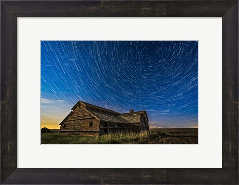Framed Circumpolar Star Trails Over An Old Barn in Southern Alberta Print