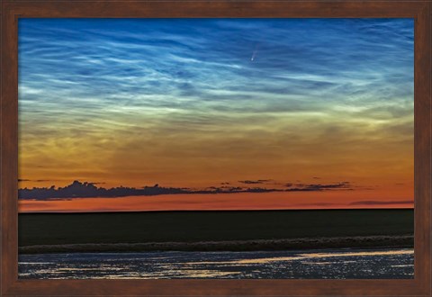 Framed Comet NEOWISE and Noctilucent Clouds Over a Pond Print