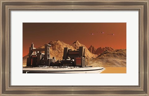 Framed Spacecraft Fly Near An Installation Habitat On the Planet Mars in the Future Print