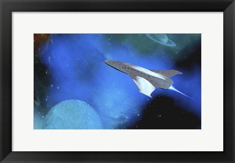 Framed Spaceship Voyages To the Outer Solar System Between Saturn and One of Its Moons Print