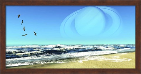 Framed Flock of Seagulls Fly Over Ocean Waves With Saturn Planet in the Sky Print