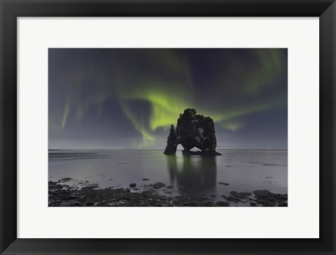 Framed Northern Lights Over Hvitserkur, a Spectacular Rock Formation in Iceland Print