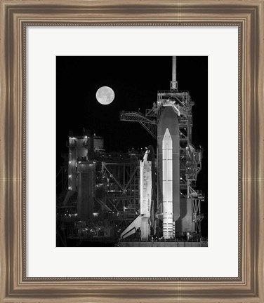 Framed Space Shuttle Discovery Sits Atop the Launch Pad With a Full Moon in Background Print