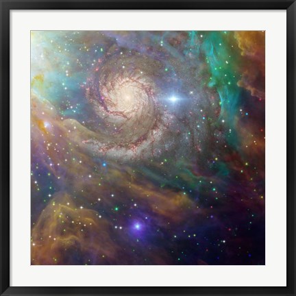 Framed Spiral Galaxy in a Colorful Deep Space Scene Print