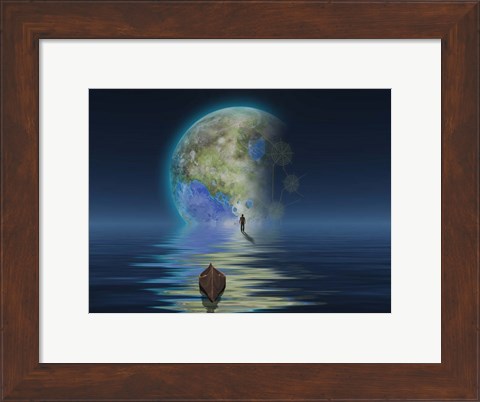 Framed Man With Boat On Water Surface Before the Terraformed Moon Print