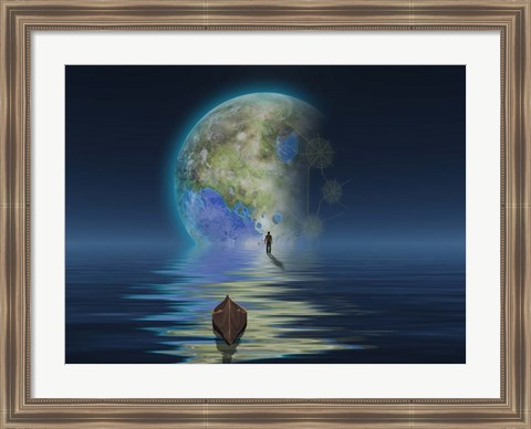 Framed Man With Boat On Water Surface Before the Terraformed Moon Print