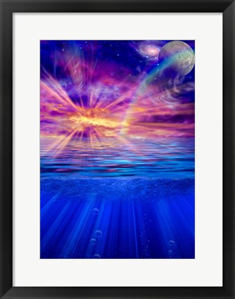 Framed Vivid Sky With Moon and Galaxy Over a Calm Water Surface Print