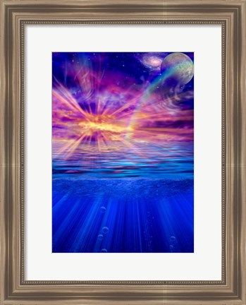 Framed Vivid Sky With Moon and Galaxy Over a Calm Water Surface Print