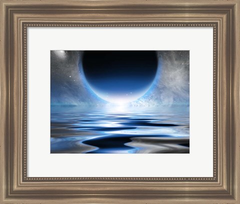 Framed Exosolar Planet Rising Over Quiet Waters Print