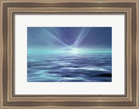 Framed Fantastic Glowing Light Or Solar Wind Over Water Surface Print