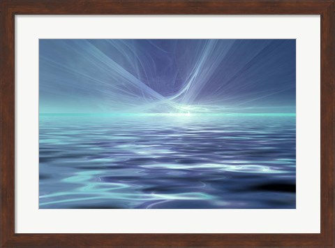 Framed Fantastic Glowing Light Or Solar Wind Over Water Surface Print