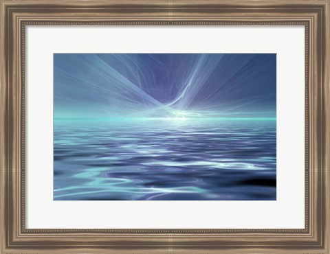 Framed Fantastic Glowing Light Or Solar Wind Over Water Surface Print