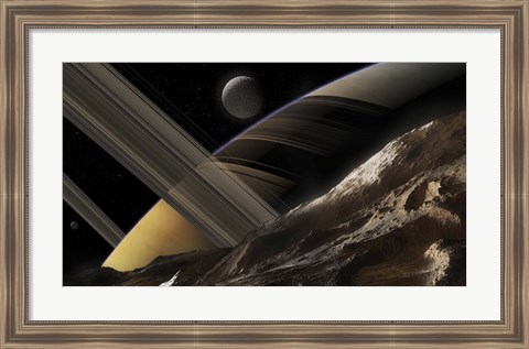 Framed Passing Comet Makes a Close Flypast of Saturn and Two of Its Moons Print